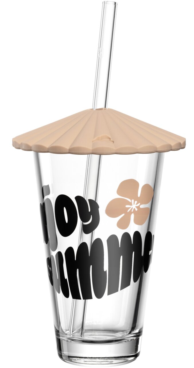 Doorzichtig drinkglas met een abrikooskleurig deksel en rietje, bedrukt met 'enjoy summer' en een bloem, zijaanzicht