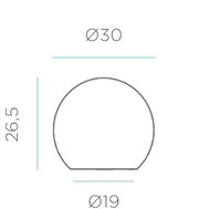 Technische Maßzeichnung einer runden Abdeckung mit flacher Unterseite, Vorderansicht; Durchmesser oben Ø30, unten Ø19, Höhe 26,5