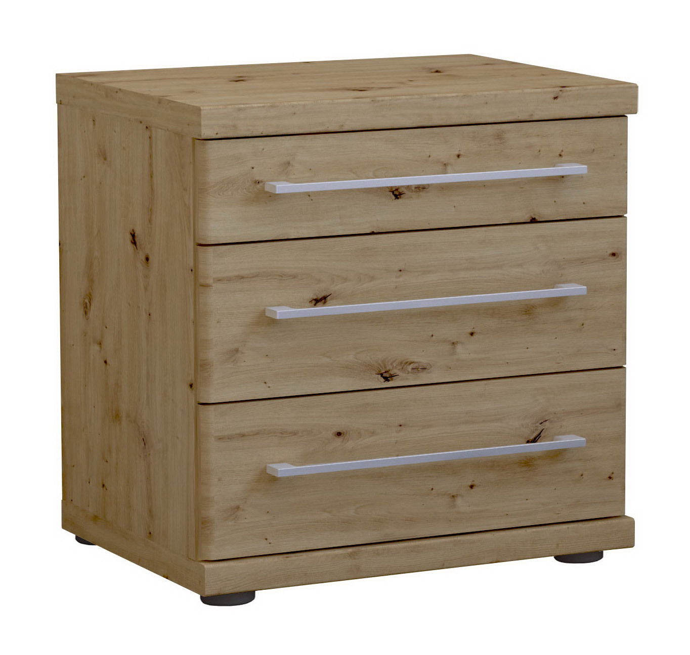 Nachtkonsole aus Holz mit drei Schubladen, seitliche Perspektive