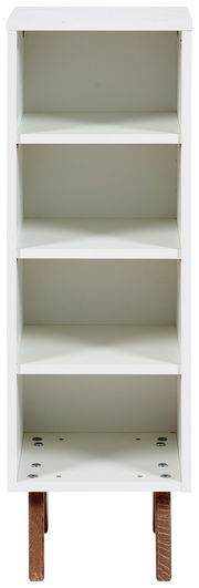 Weißes Unterstellregal mit vier offenen Fächern, frontal fotografiert, auf Holzbeinen stehend.