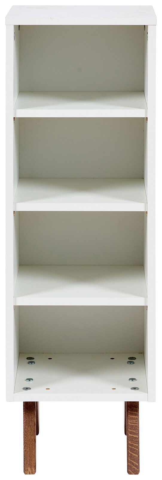 JIMMYLEE Unterstellregal EMELY Weißes Unterstellregal mit vier offenen Fächern, frontal fotografiert, auf Holzbeinen stehend.