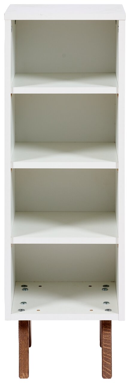JIMMYLEE Unterstellregal EMELY Weißes Unterstellregal mit vier offenen Fächern, frontal fotografiert, auf Holzbeinen stehend.