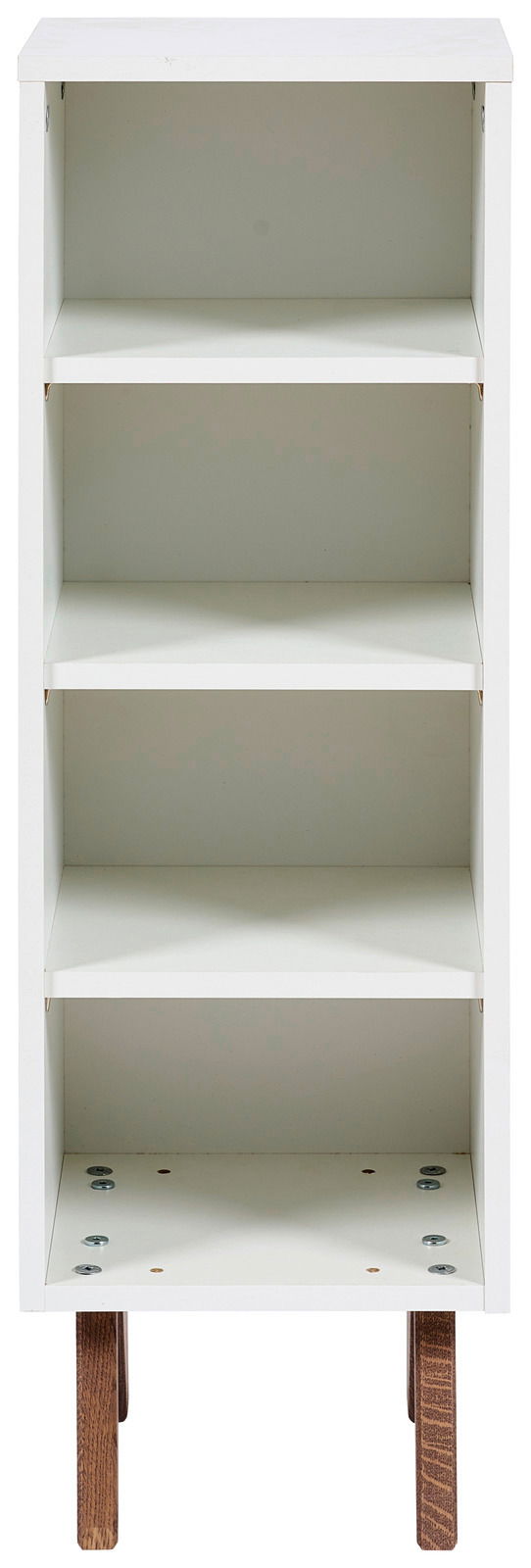 JIMMYLEE Unterstellregal EMELY Weißes Unterstellregal mit vier offenen Fächern, frontal fotografiert, auf Holzbeinen stehend.