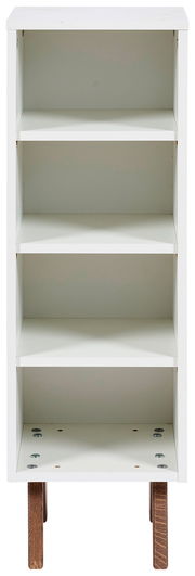 Weißes Unterstellregal mit vier offenen Fächern, frontal fotografiert, auf Holzbeinen stehend.