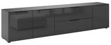 Schwarzes XL-TV-Lowboard mit glänzender Oberfläche, frontal betrachtet