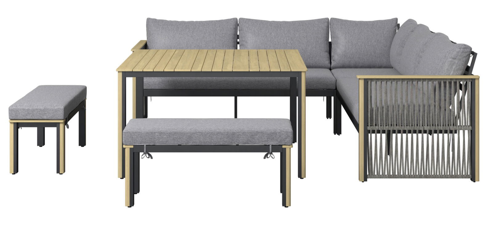 Lounge-Set mit grauen Polstern und Holztisch, Vorderansicht