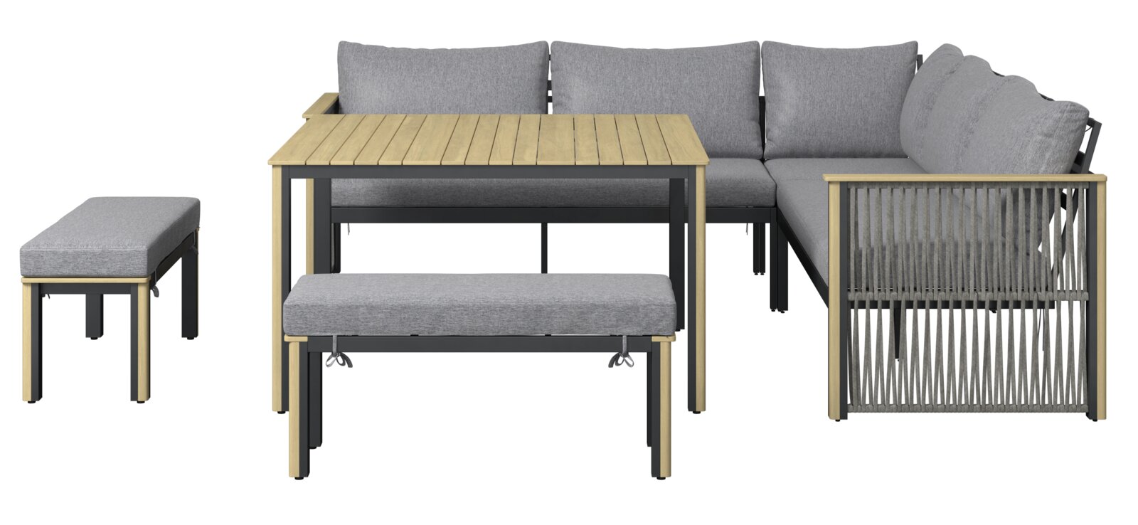 Lounge-Set mit grauen Polstern und Holztisch, Vorderansicht