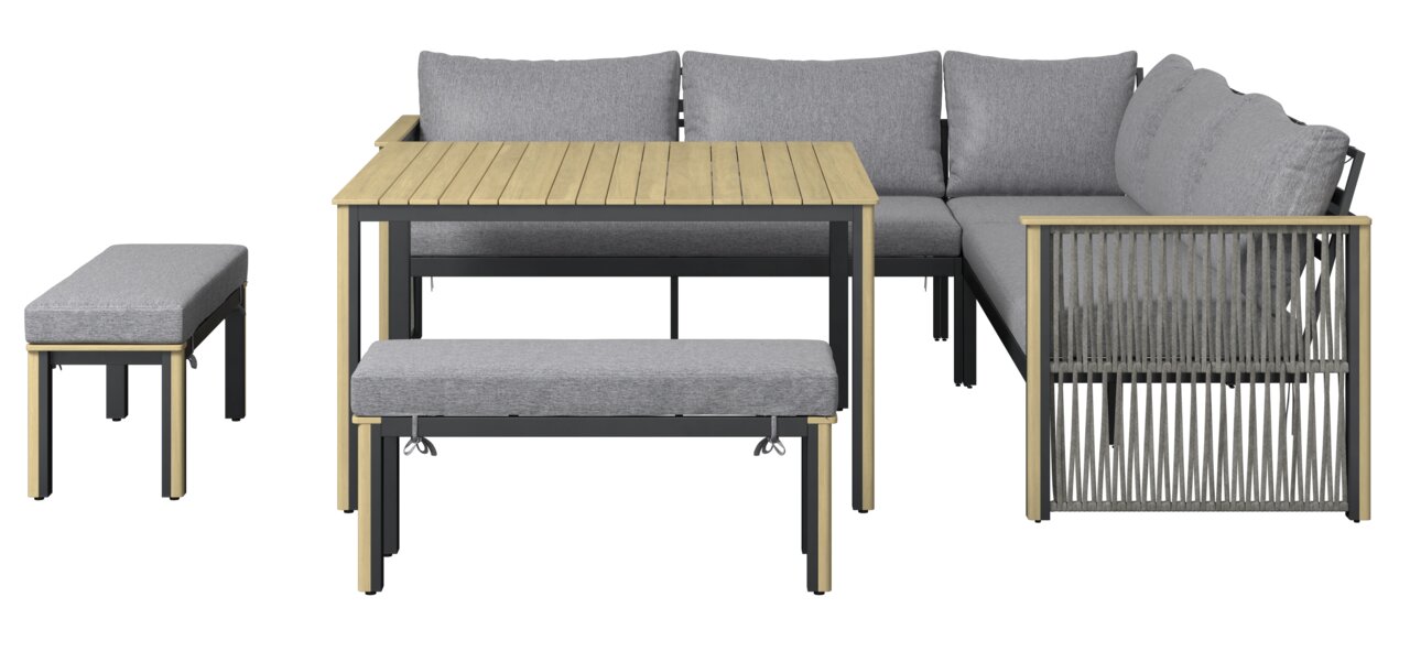Lounge-Set mit grauen Polstern und Holztisch, Vorderansicht