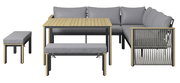 Lounge-Set mit grauen Polstern und Holztisch, Vorderansicht