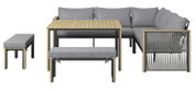 Lounge-Set mit grauen Polstern und Holztisch, Vorderansicht