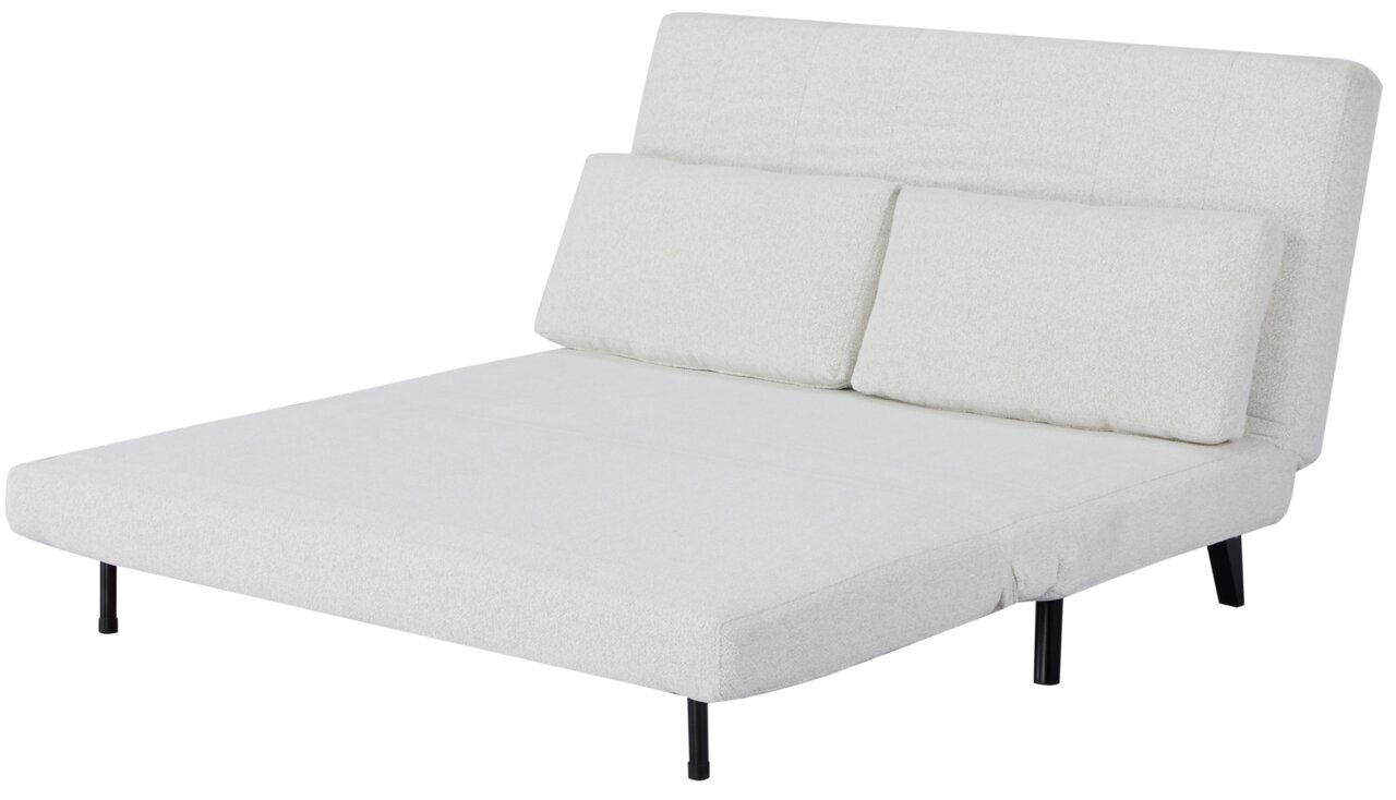 Weißes Funktionssofa mit zwei Rückenkissen, seitliche Perspektive