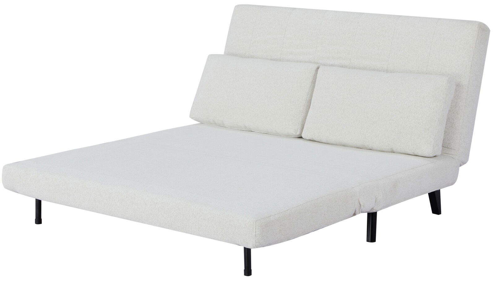 Weißes Funktionssofa mit zwei Rückenkissen, seitliche Perspektive