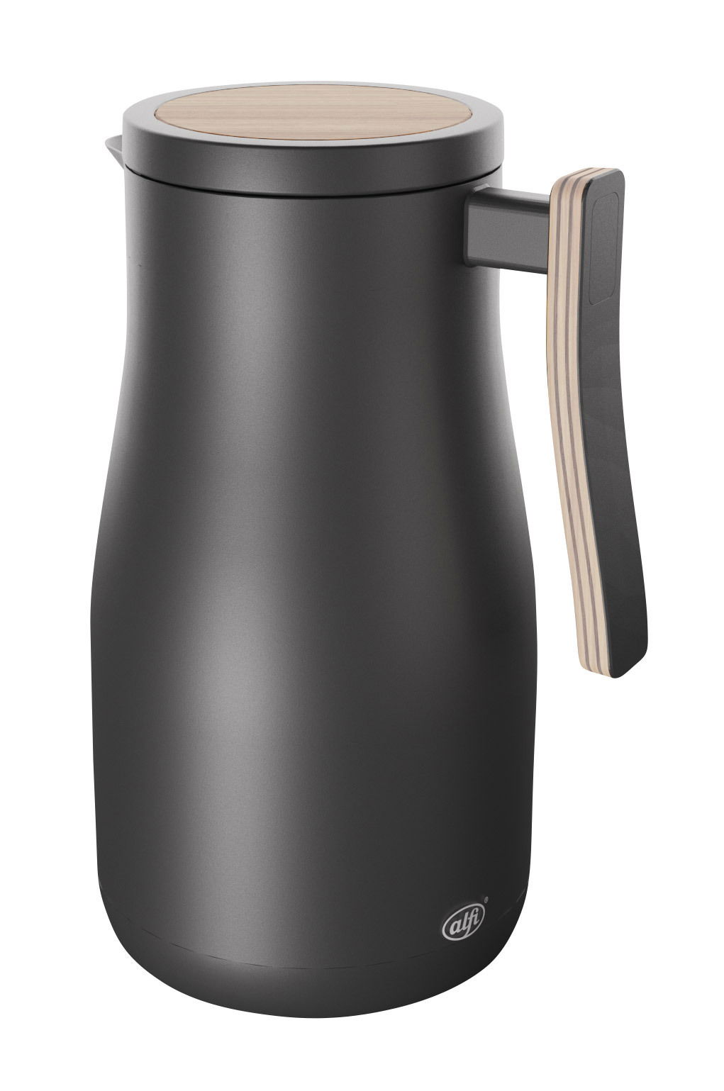 Isolierkanne Studio Allure in mattem Schwarz mit Holzgriff, seitliche Perspektive