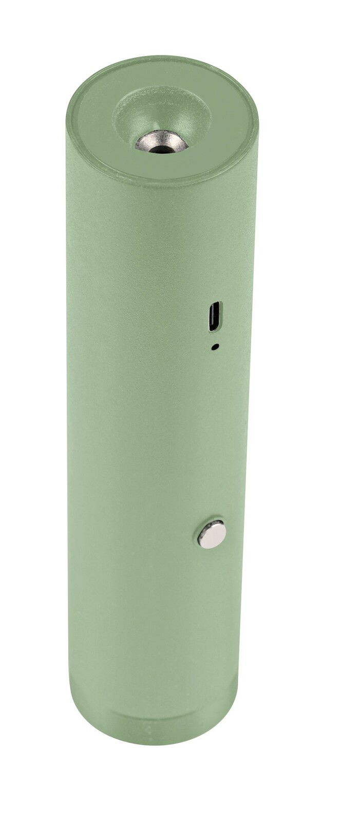 Zylindrische, grüne Akku-Pendelleuchte mit USB-Anschluss und Knopf, seitliche Perspektive