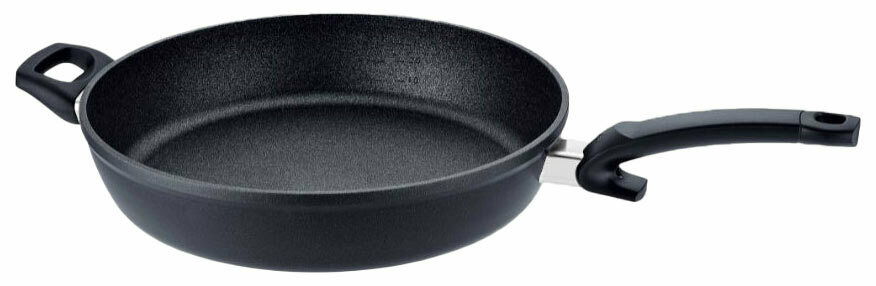 Schwarze Comfort Pfanne 32cm mit zwei Griffen, seitliche Perspektive