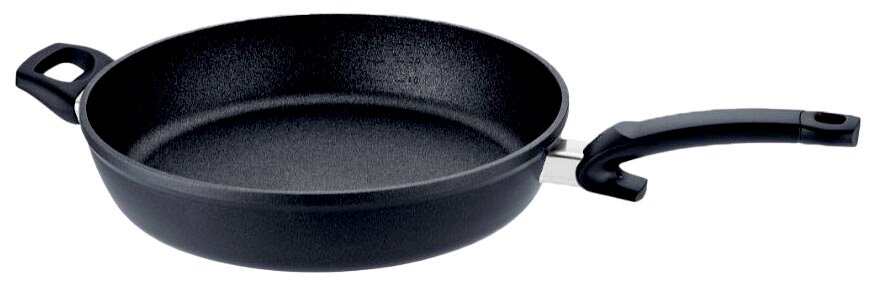 Schwarze Comfort Pfanne 32cm mit zwei Griffen, seitliche Perspektive