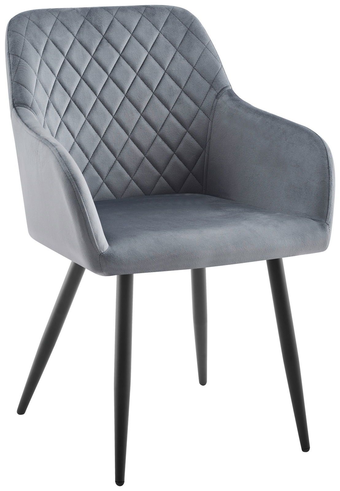 Grauer Armlehnstuhl mit gesteppter Rückenlehne und schwarzen Beinen, seitliche Perspektive