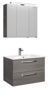 Moderner Badblock mit grauem Holzfinish, bestehend aus einem Hängeschrank mit Spiegel und einem Waschtisch mit zwei Schubladen, seitliche Perspektive.