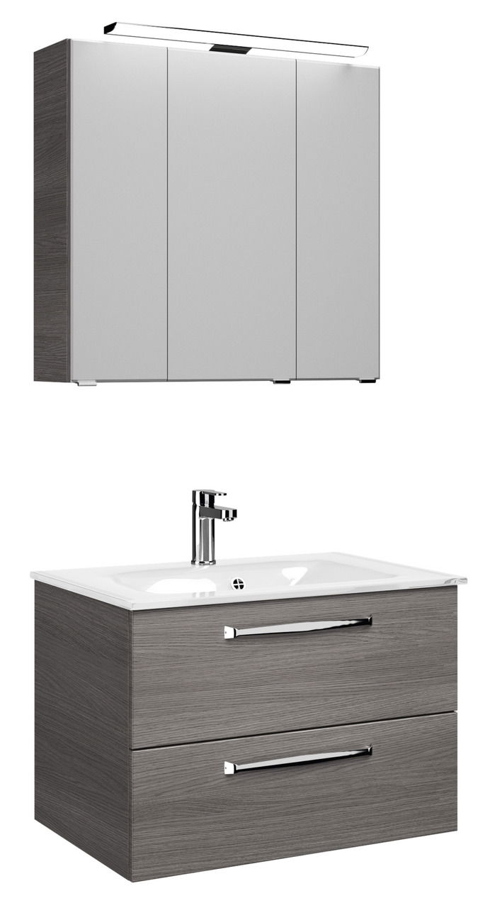 Moderner Badblock mit grauem Holzfinish, bestehend aus einem Hängeschrank mit Spiegel und einem Waschtisch mit zwei Schubladen, seitliche Perspektive.