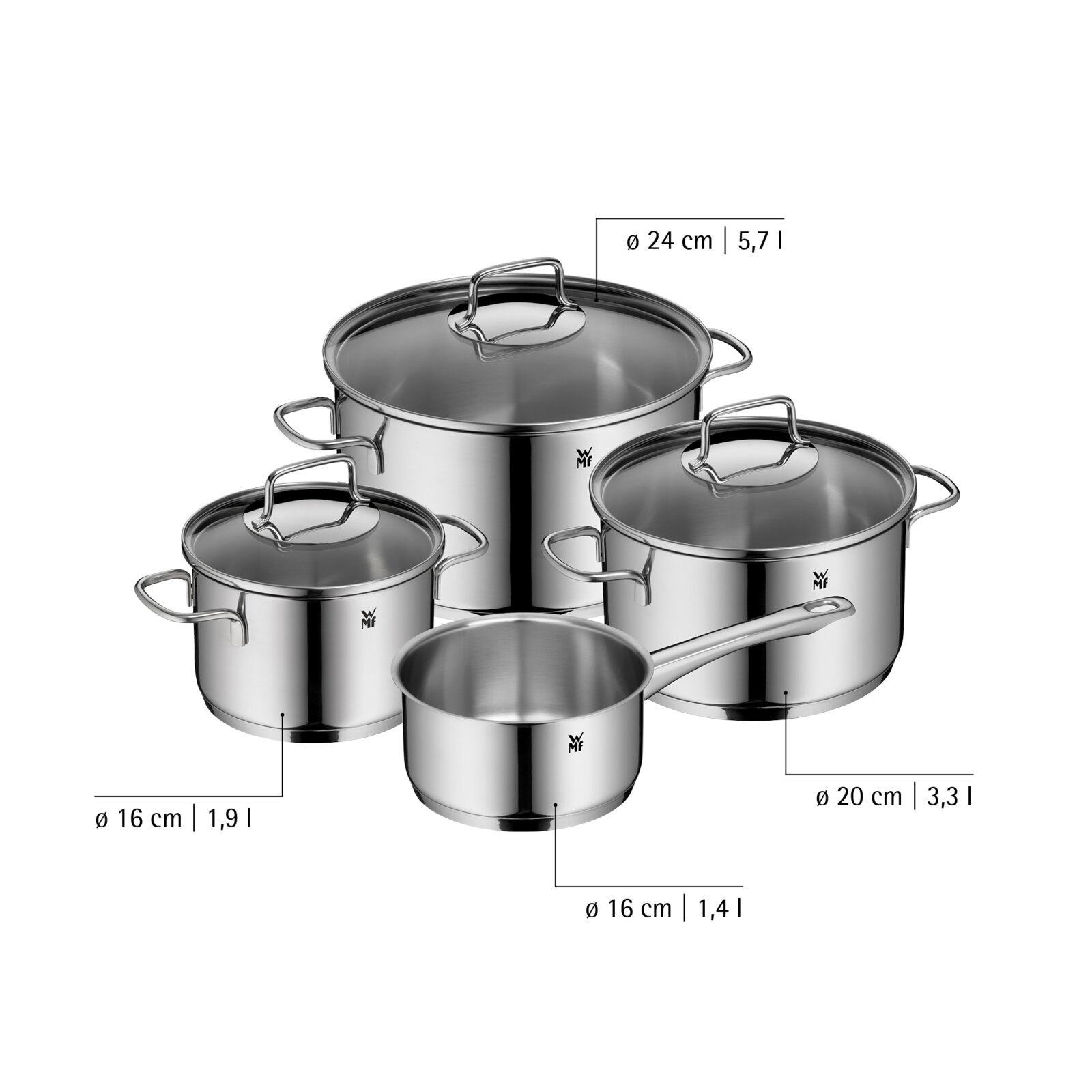 Edelstahl-Kochgeschirr-Set von WMF mit drei Töpfen mit Deckeln und einem Stieltopf, freigestellt auf weißem Hintergrund, in leicht schräger Vorderansicht von oben; Größenangaben: Ø 24 cm (5,7 l), Ø 20 cm (3,3 l), Ø 16 cm (1,9 l) und Ø 16 cm (1,4 l)