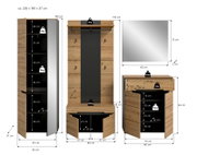 Badezimmermöbel-Set in Eicheoptik mit schwarzer Rückwand, bestehend aus Hochschrank, Waschtischunterschrank und Spiegel, mit Maßangaben; Frontansicht und Seitenansicht.