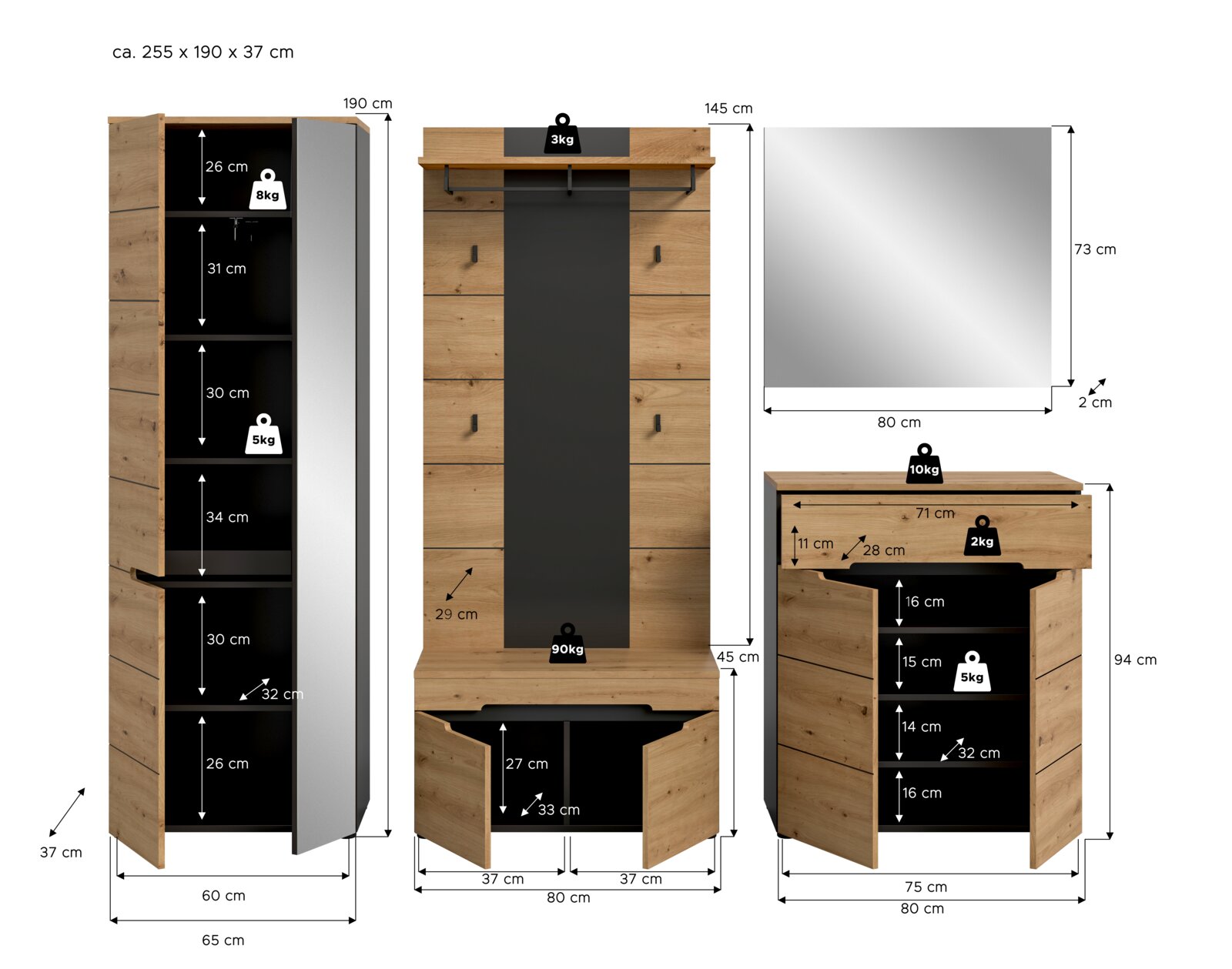 Badezimmermöbel-Set in Eicheoptik mit schwarzer Rückwand, bestehend aus Hochschrank, Waschtischunterschrank und Spiegel, mit Maßangaben; Frontansicht und Seitenansicht.