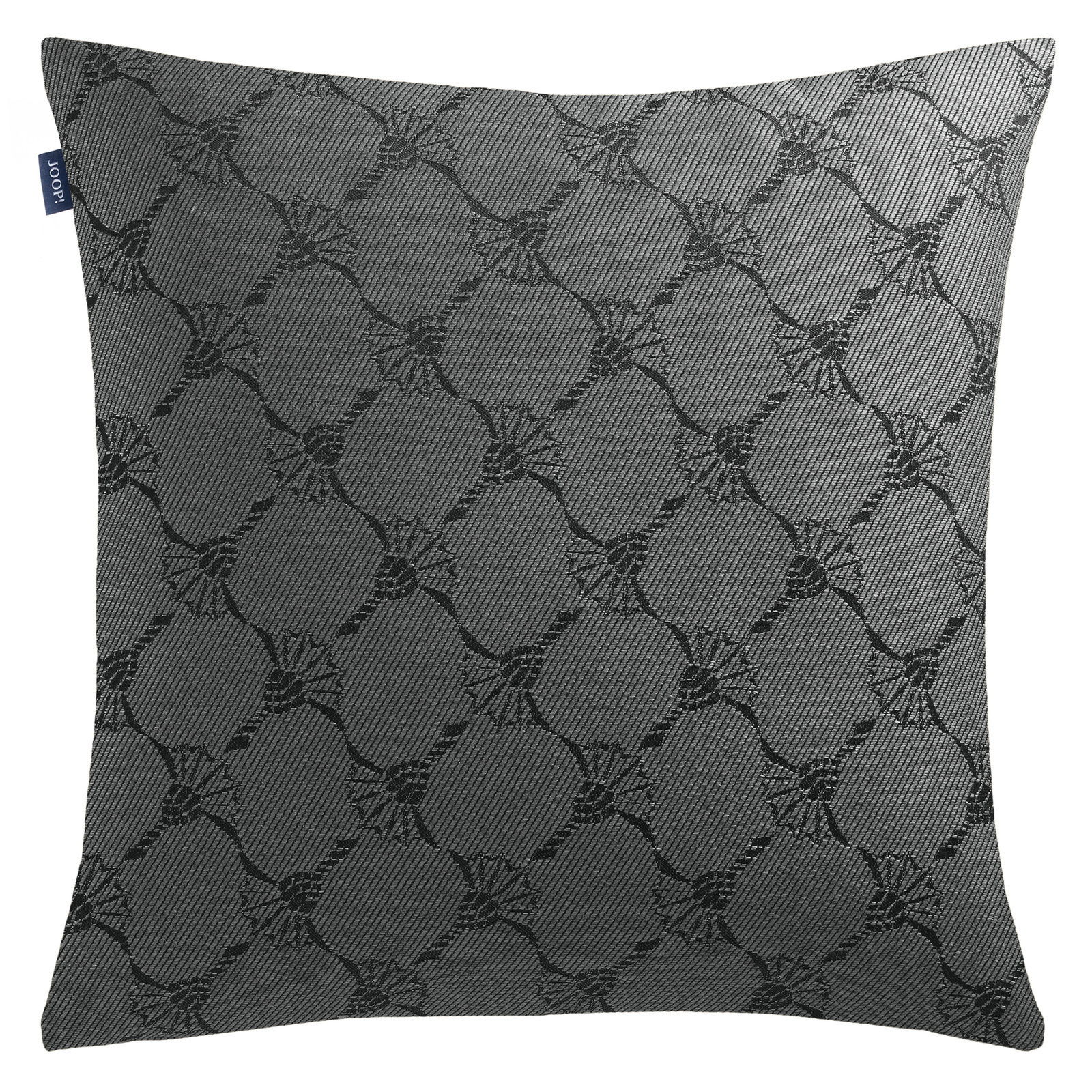 JOOP! Zierkissenhülle J!RIBBON Graue Zierkissenhülle mit schwarzem, geometrischem Muster, frontal abgebildet.