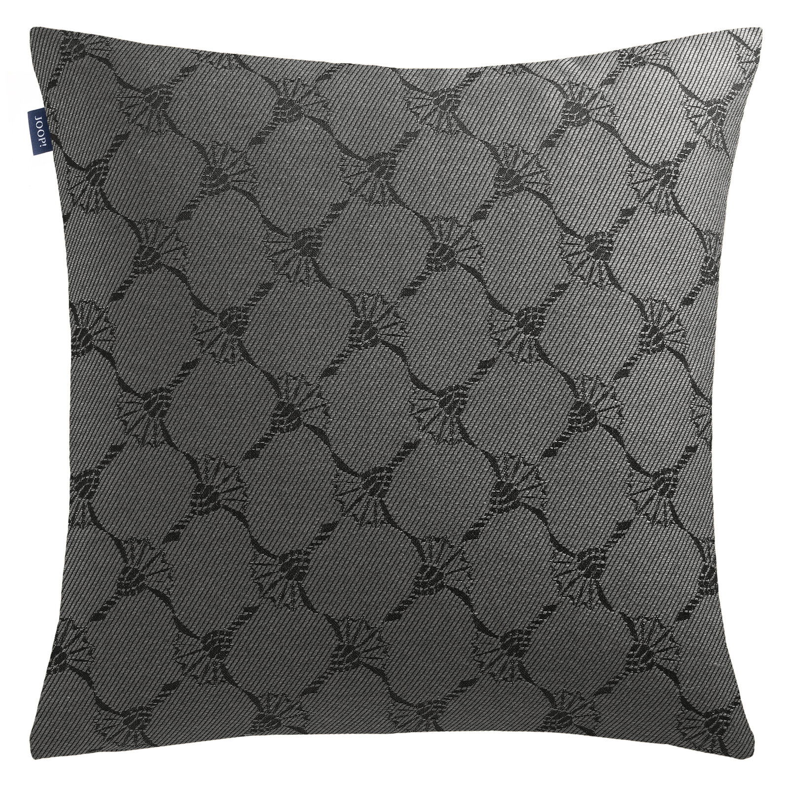 JOOP! Zierkissenhülle J!RIBBON Graue Zierkissenhülle mit schwarzem, geometrischem Muster, frontal abgebildet.