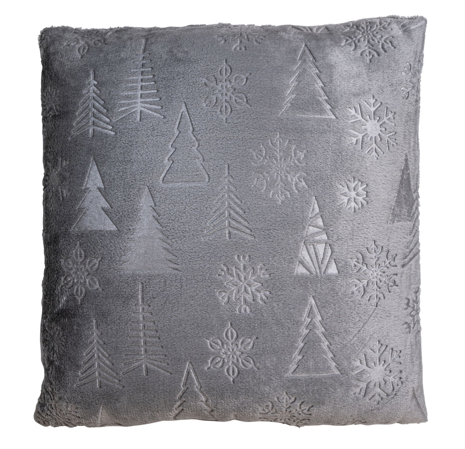 StepOne Kissen XMAS Graues Kissen mit eingeprägten Tannenbäumen und Schneeflocken, Vorderansicht