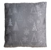 Graues Kissen mit eingeprägten Tannenbäumen und Schneeflocken, Vorderansicht