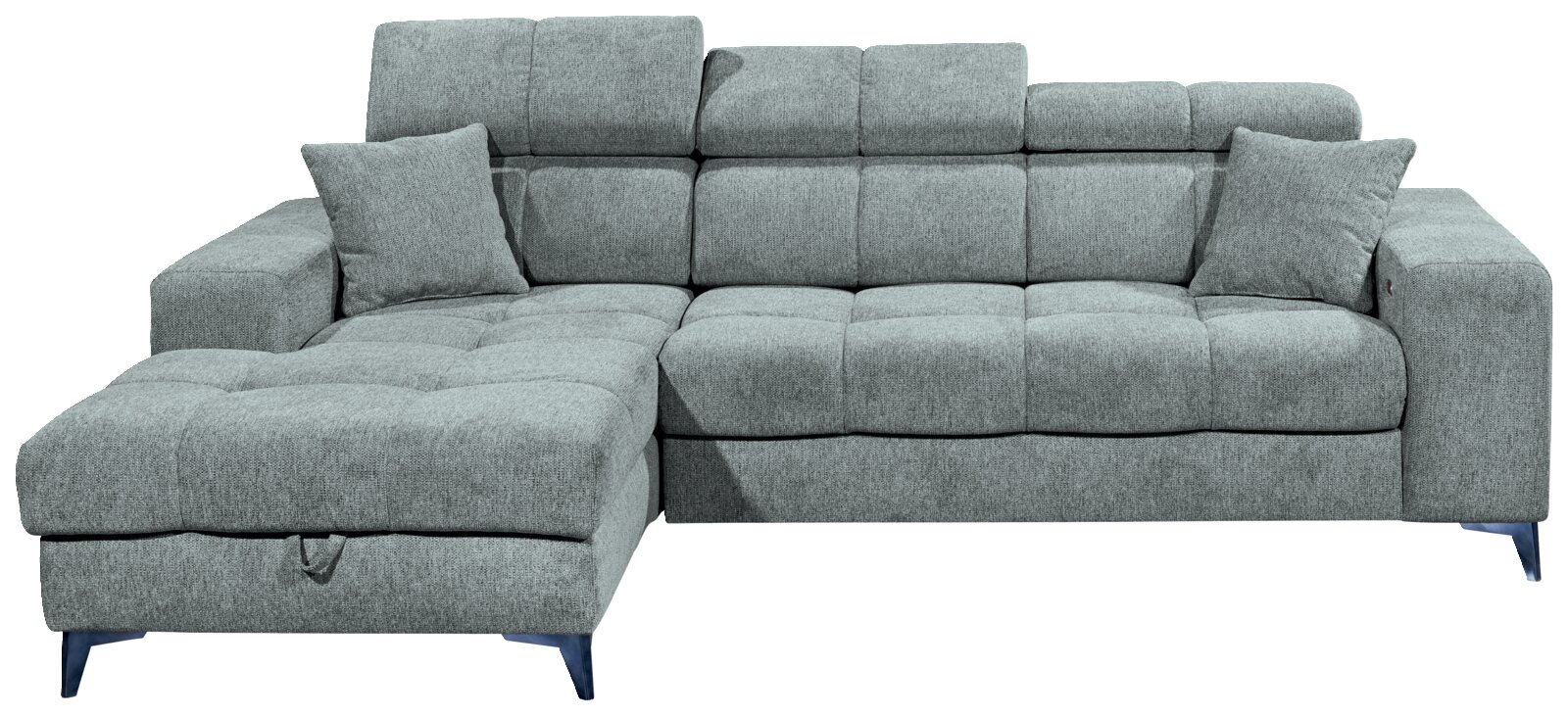Graues Ecksofa mit zwei Kissen, Vorderansicht