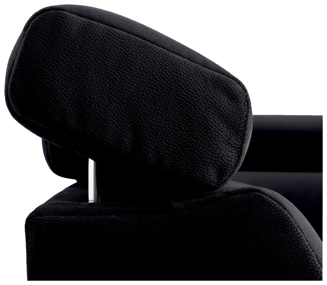 Nahaufnahme einer schwarzen Kopfstütze aus Leder mit verstellbarer Metallstange, seitliche Perspektive.