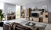 Wohnzimmeransicht mit moderner Wandkombination ORLANDO von Zurbrüggen in Holzoptik, bestehend aus Vitrine, Sideboard, Wandregal und TV-Element, mit Dekorationen und Pflanzen, seitliche Perspektive.