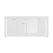 Weiße Wohnkombination mit mehreren Türen und Schubladen, frontale Ansicht