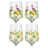 Vier elegante Gläser mit Zitronen- und Vogelmotiv, frontal abgebildet.