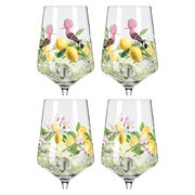 Vier elegante Gläser mit Zitronen- und Vogelmotiv, frontal abgebildet.