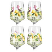 Vier elegante Gläser mit Zitronen- und Vogelmotiv, frontal abgebildet.