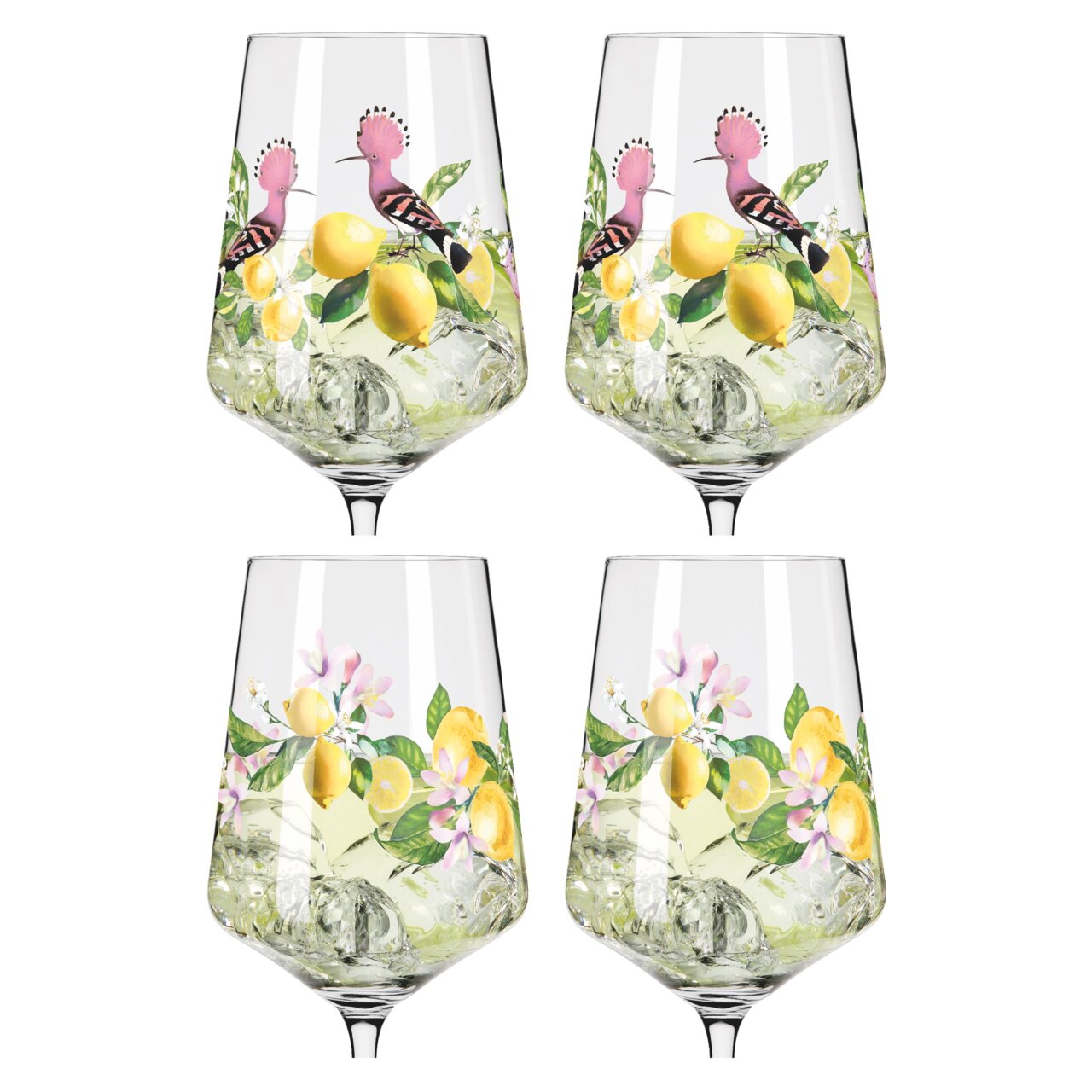 Vier elegante glazen met een citroen- en vogelmotief, afgebeeld van voren.