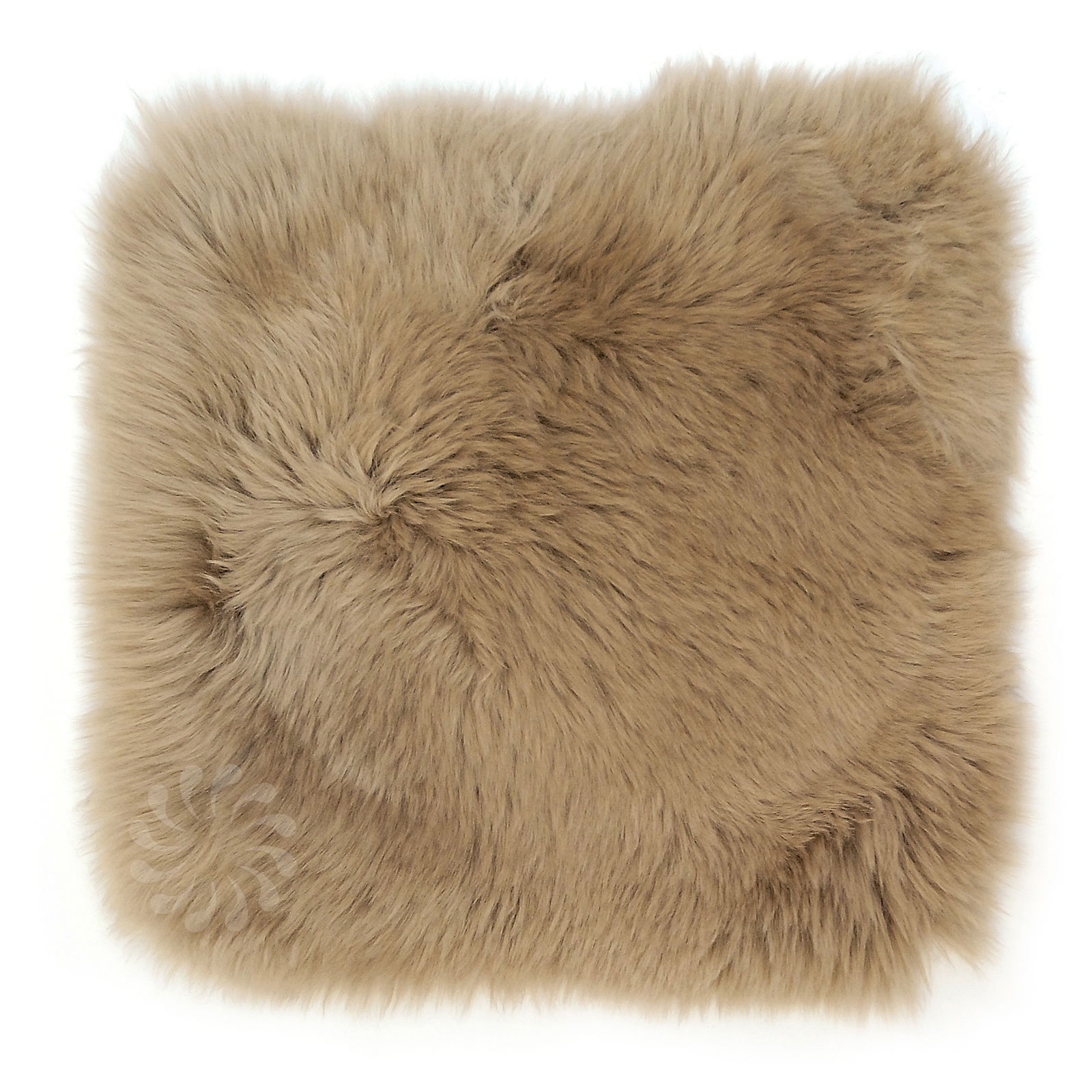 Lammfell Sitzauflage 35x35cm in Draufsicht, flauschige beige Oberfläche