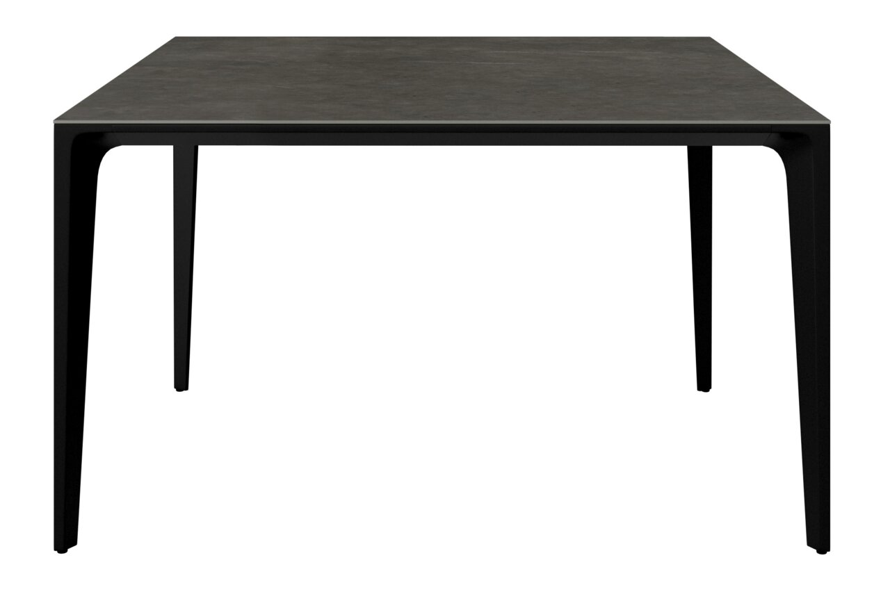 Moderner Gartentisch aus dunklem Material, frontal betrachtet