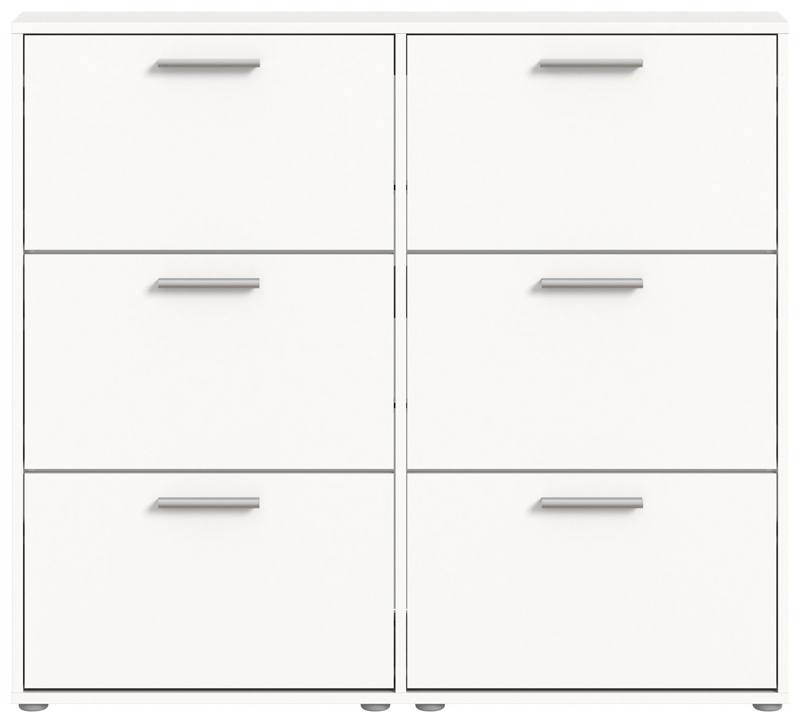 Schuhkipper mit sechs Fächern, weiße Frontansicht, moderne Griffe