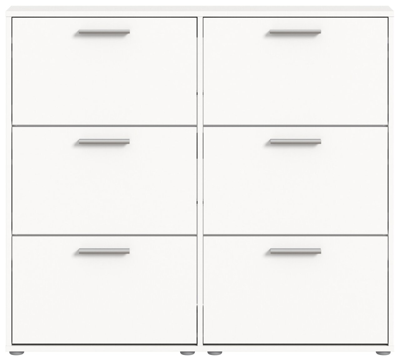 Schuhkipper mit sechs Fächern, weiße Frontansicht, moderne Griffe