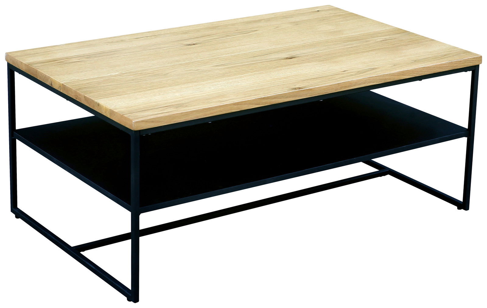 Moderner Couchtisch mit Holzplatte und schwarzem Metallgestell, seitliche Perspektive