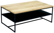 Moderner Couchtisch mit Holzplatte und schwarzem Metallgestell, seitliche Perspektive
