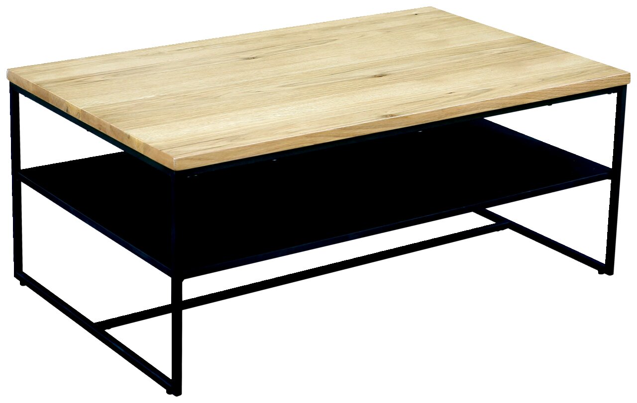 Moderner Couchtisch mit Holzplatte und schwarzem Metallgestell, seitliche Perspektive