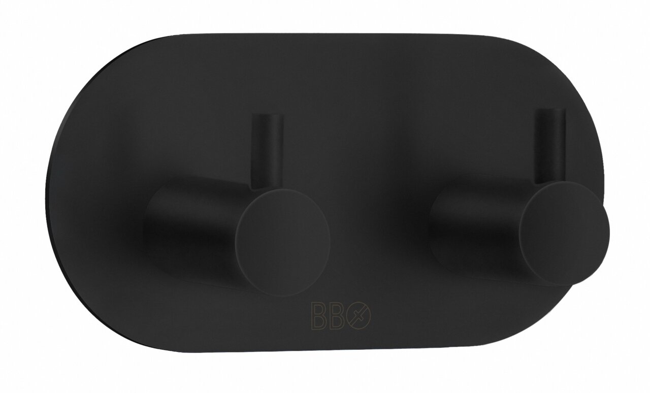 Schwarzer Doppelhaken aus Edelstahl, frontal abgebildet.