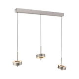 Moderne Pendelleuchte Q-ROTATE mit drei verstellbaren, ringförmigen Leuchtelementen in Silber, von der Seite betrachtet.
