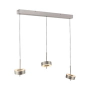 Moderne Pendelleuchte Q-ROTATE mit drei verstellbaren, ringförmigen Leuchtelementen in Silber, von der Seite betrachtet.