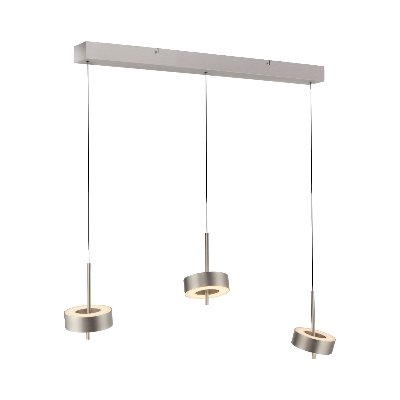 Moderne Pendelleuchte Q-ROTATE mit drei verstellbaren, ringförmigen Leuchtelementen in Silber, von der Seite betrachtet.