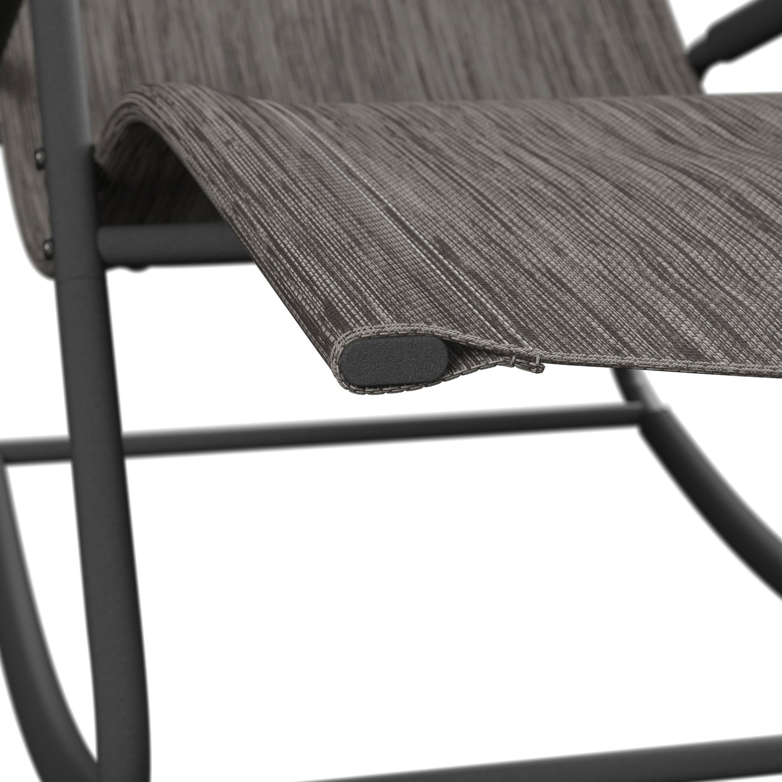 Nahaufnahme einer Schaukelliege mit grauem, strukturiertem Stoffbezug und stabilem Metallrahmen, seitliche Perspektive.
